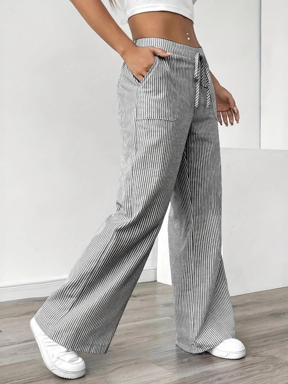 Striped Drawstring Wide-Leg Pants - Picture 2 of 4